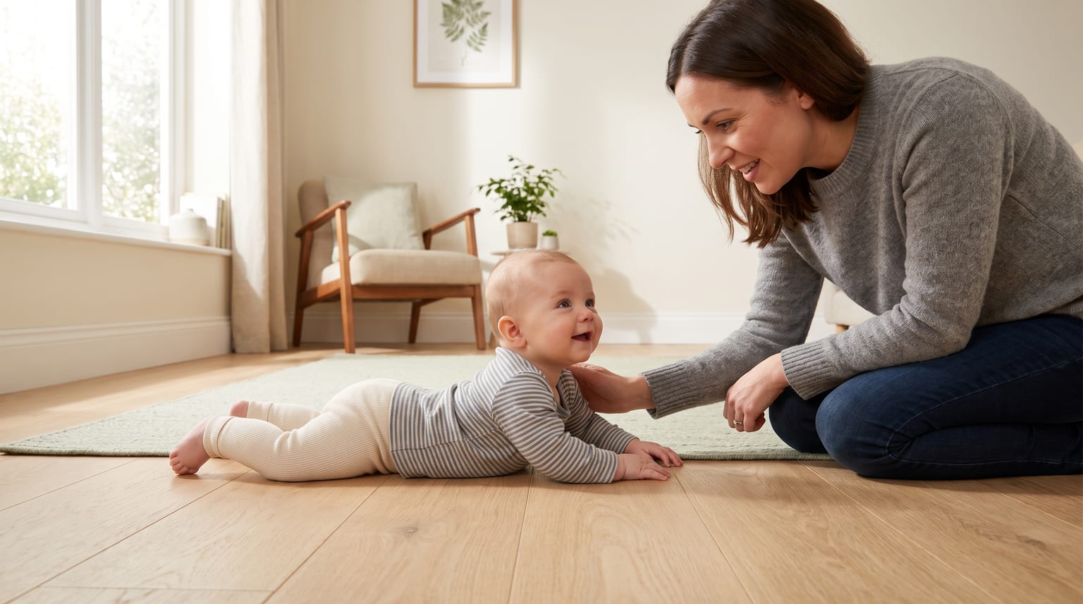 An alert baby does supervised tummy time on a wooden floor while a parent or carer stays close.