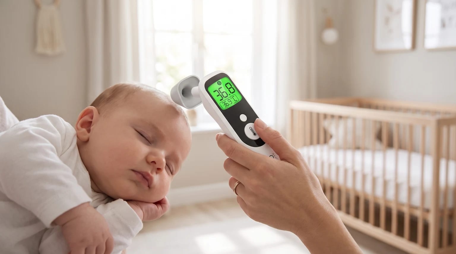 A parent takes their sleeping baby's temperature using a digital forehead thermometer. The green screen displays a reading of 36.8°C.
