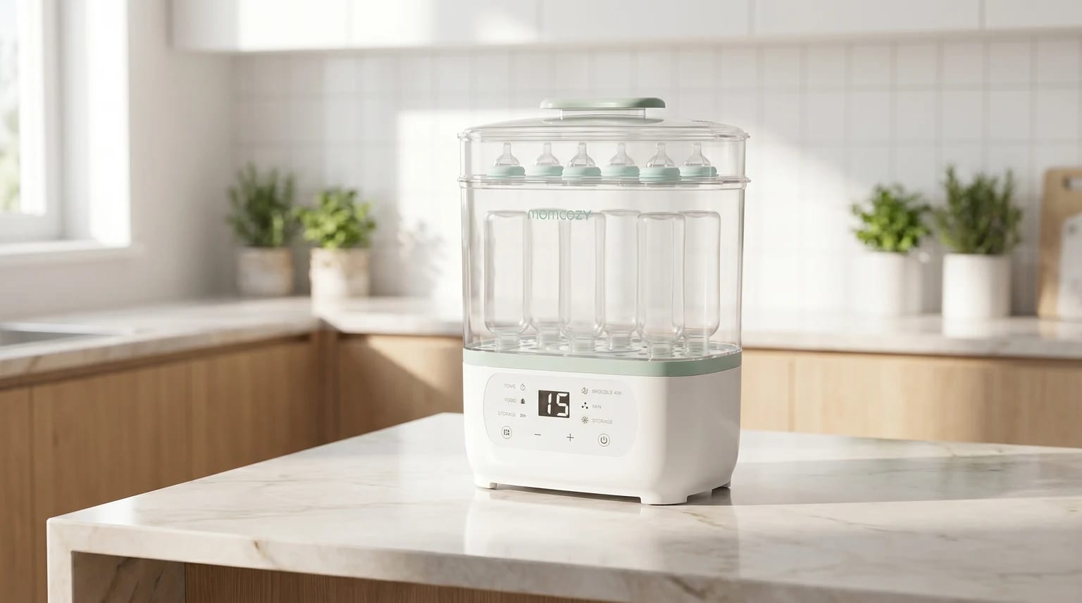 A Momcozy electric steriliser, filled with clean baby bottles and teats, sitting on a sunlit marble kitchen worktop.