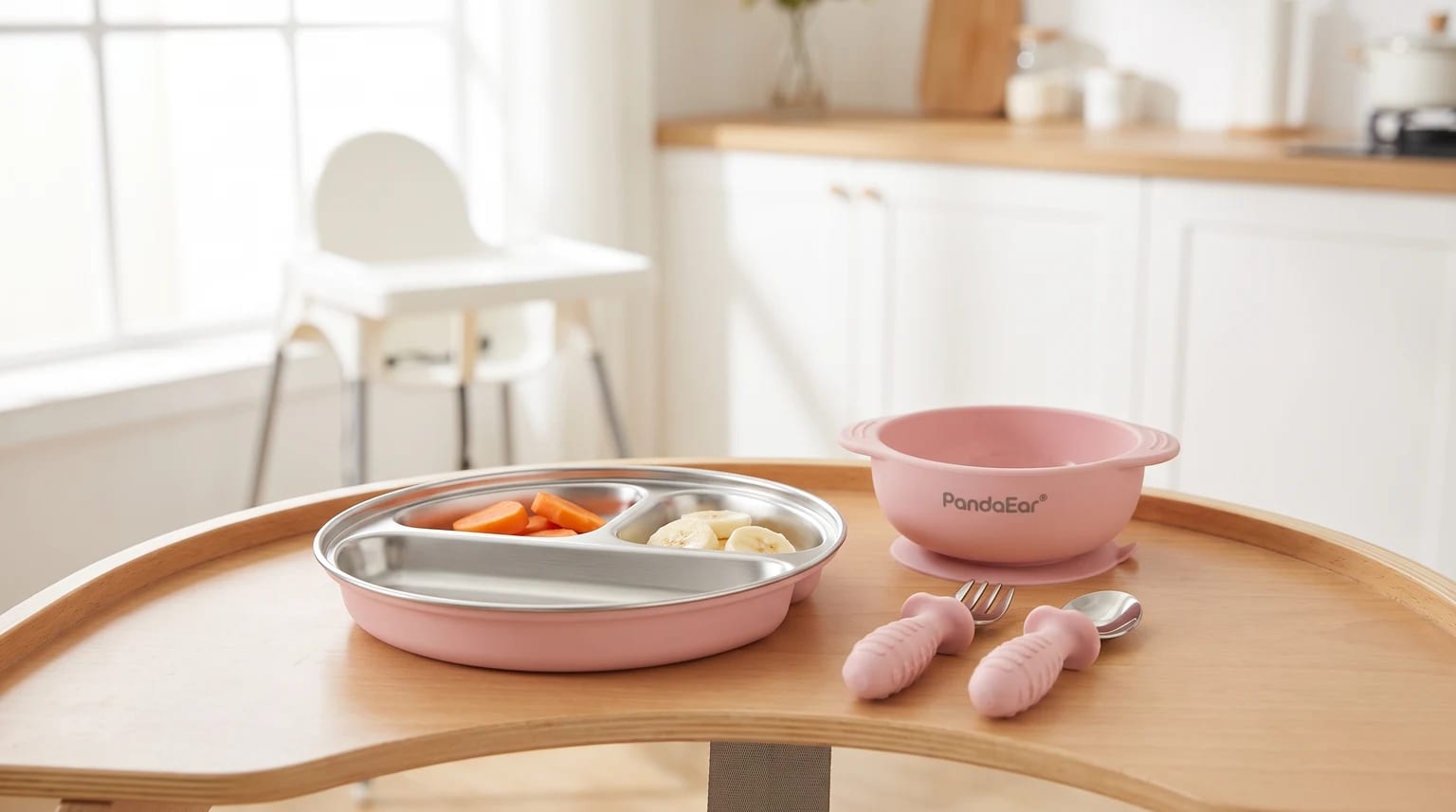 A pink baby tableware set with a divided stainless steel plate, suction bowl, and cutlery, placed on a wooden high chair tray in a kitchen.