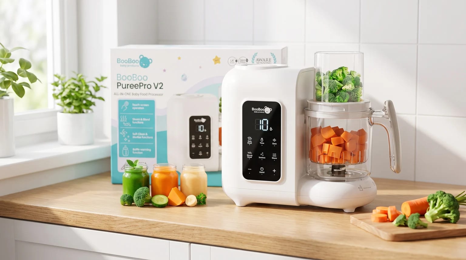 A white BooBoo PureePro V2 baby food maker on a kitchen worktop, filled with chopped carrots and broccoli, next to jars of colourful homemade baby purée.