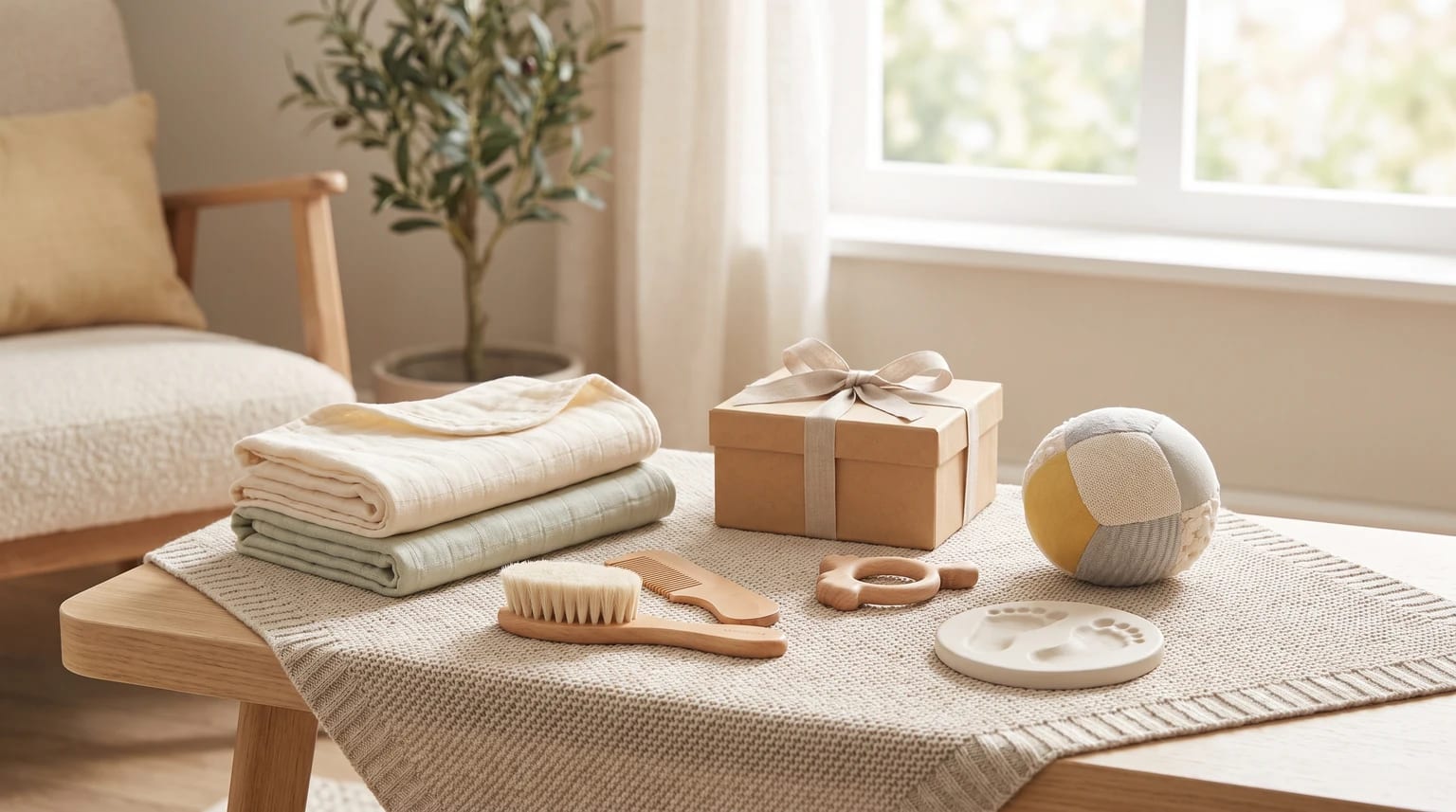 A selection of newborn baby gifts arranged on a wooden table, including folded blankets, a gift box, a wooden brush set, a teether, and a footprint keepsake.