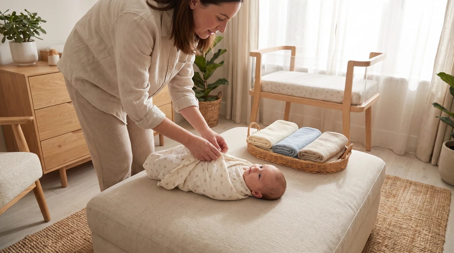 A parent gently wraps a patterned swaddle around a newborn baby in a bright nursery with folded swaddles and a clear bedside crib nearby.