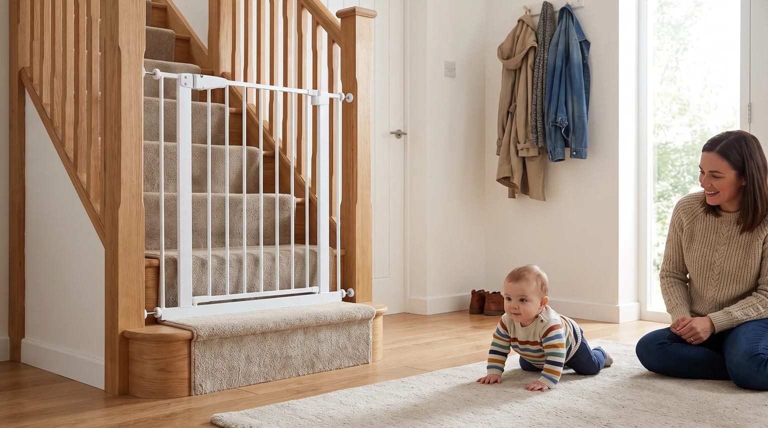 A stair gate fitted at home to help reduce fall risks for a baby.
