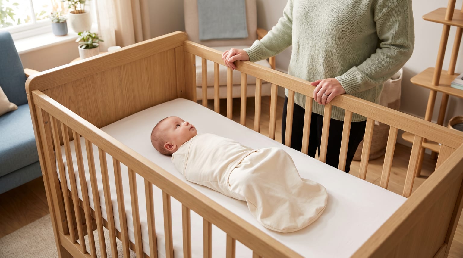 A carer in a pale green jumper stands beside a wooden cot where a swaddled baby lies awake on their back.