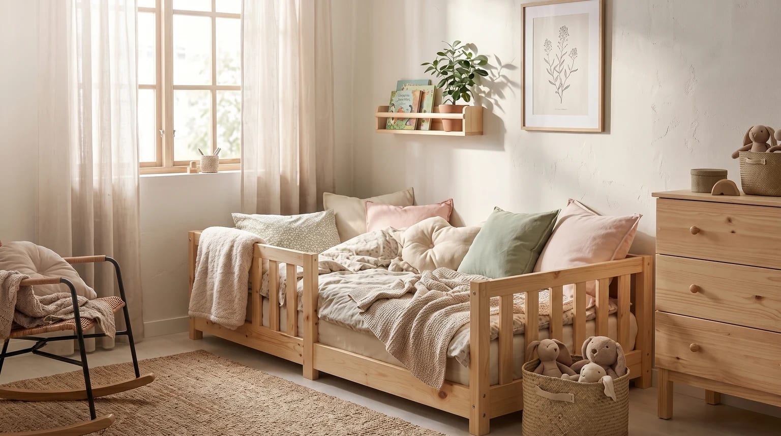 A sunlit child's bedroom with a low wooden toddler bed, styled with soft, neutral bedding and surrounded by matching pine furniture.