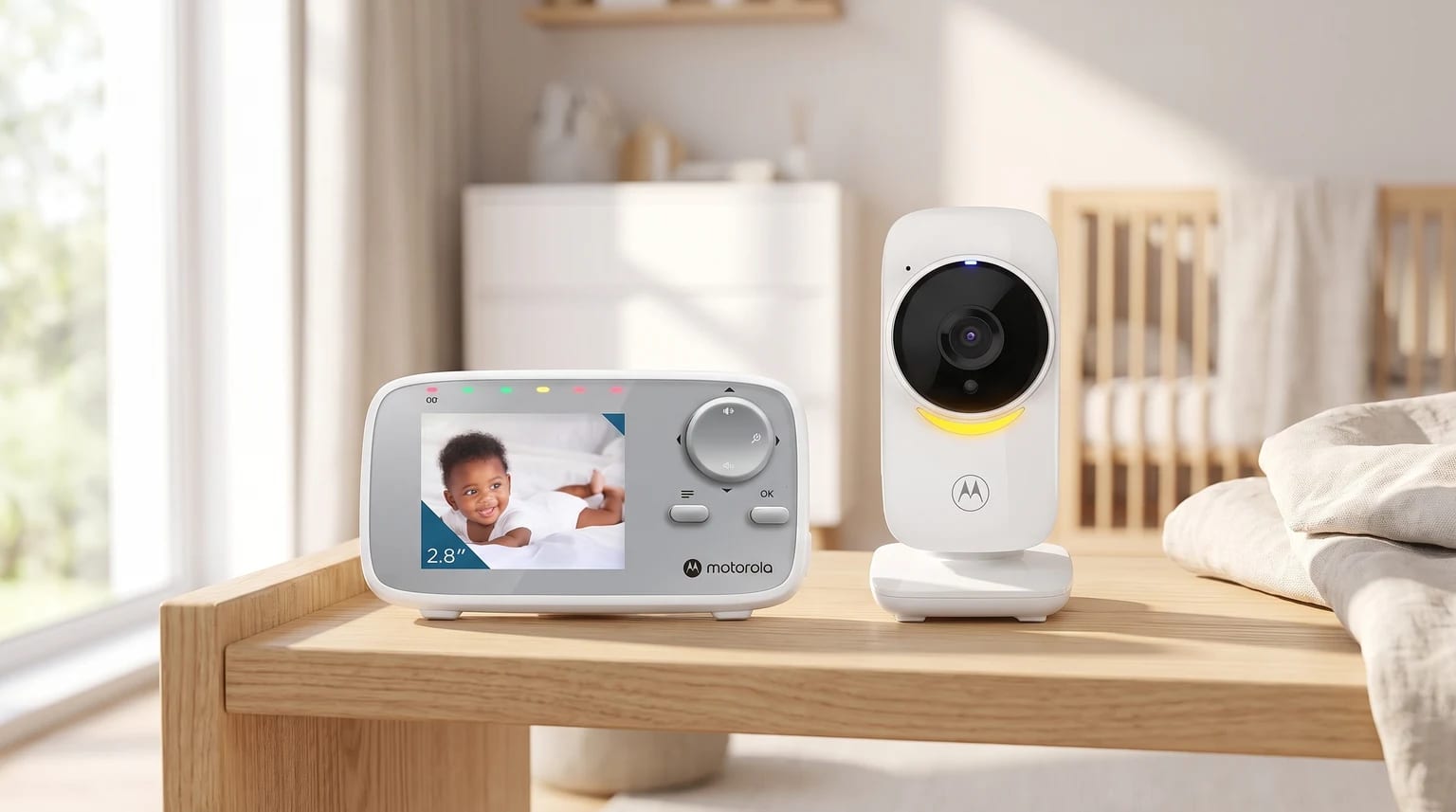 A Motorola video baby monitor on a wooden surface in a nursery. The parent unit displays a smiling baby, placed next to the camera unit with a cot in the background.