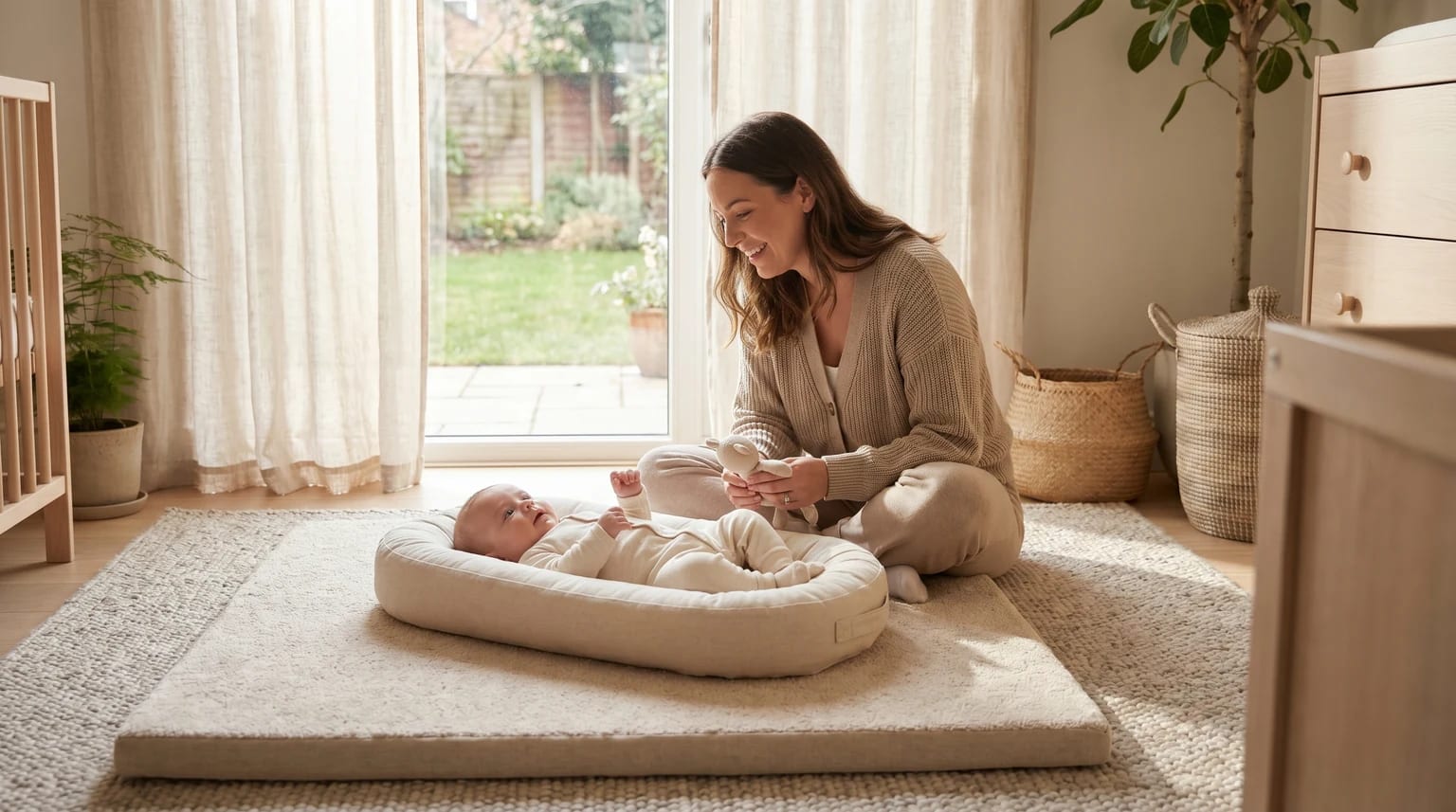 A woman sits on a mat on the floor in a bright room, smiling at a baby lying awake in a soft, cushioned pod.