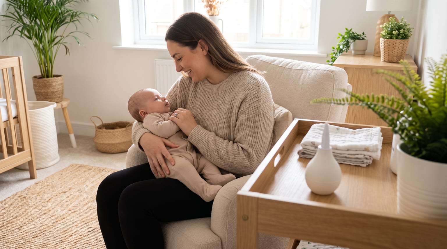 A carer comforts a baby after setting a nasal aspirator aside on a high tray.