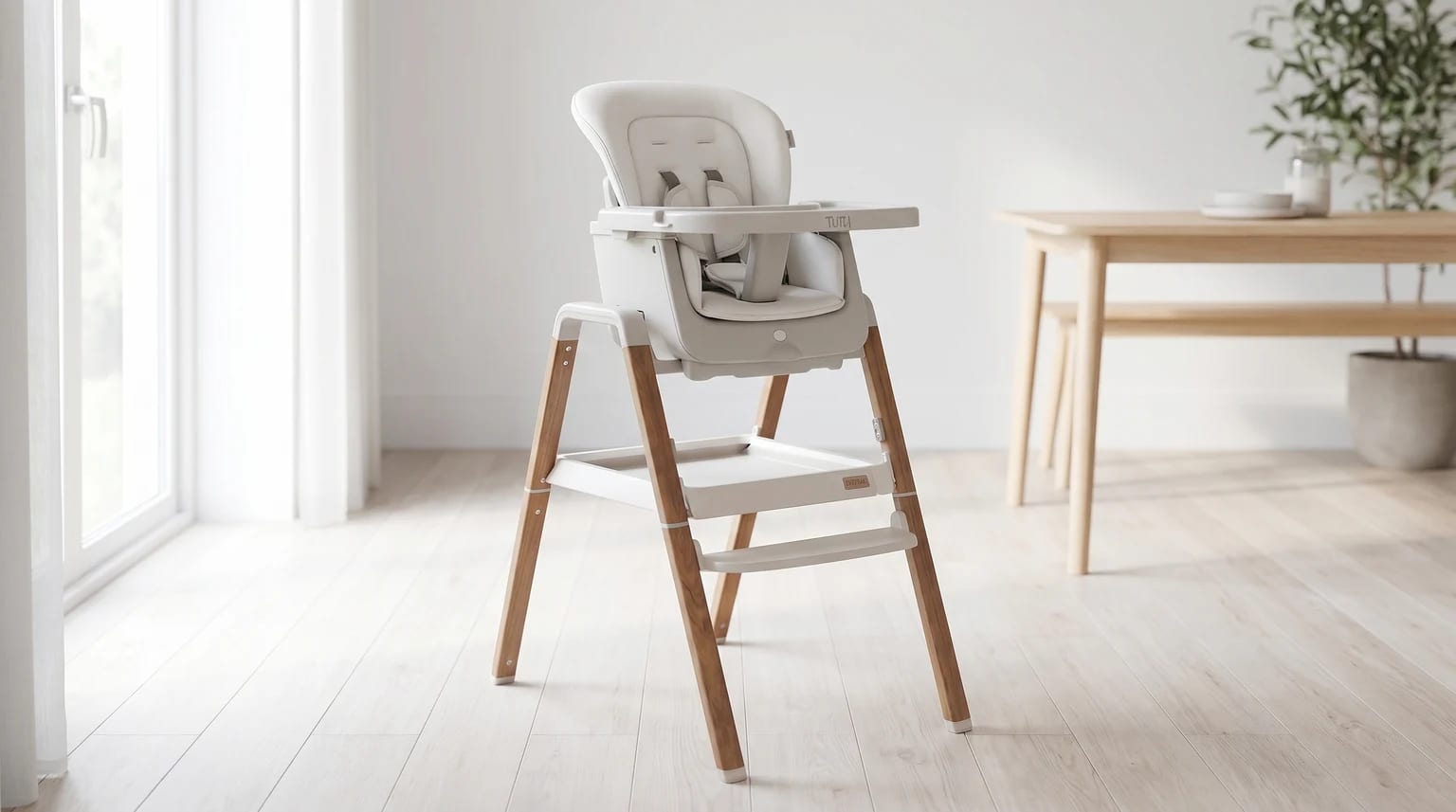 A modern, light grey high chair with wooden legs standing on a pale wood floor in a brightly lit dining room.