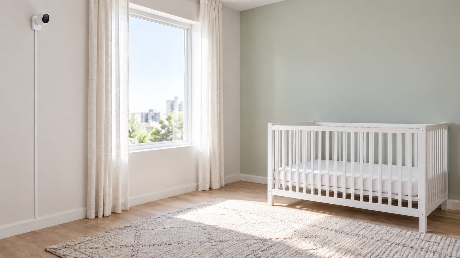 Baby camera positioned away from an empty cot, with its cable enclosed against the wall.