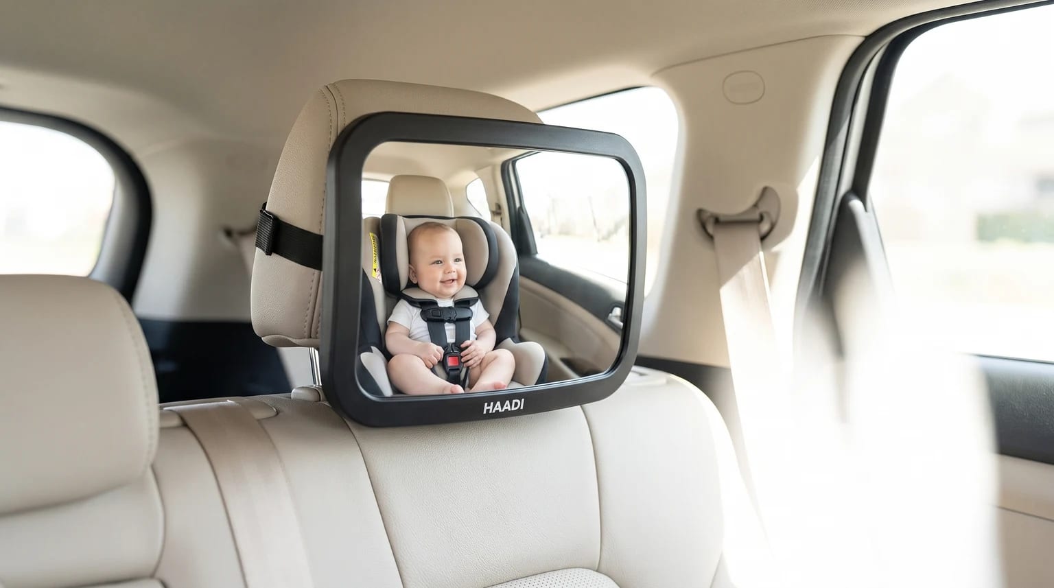 A HAADI wide-angle baby car mirror attached to a rear headrest reflects a baby buckled into a rear-facing car seat.