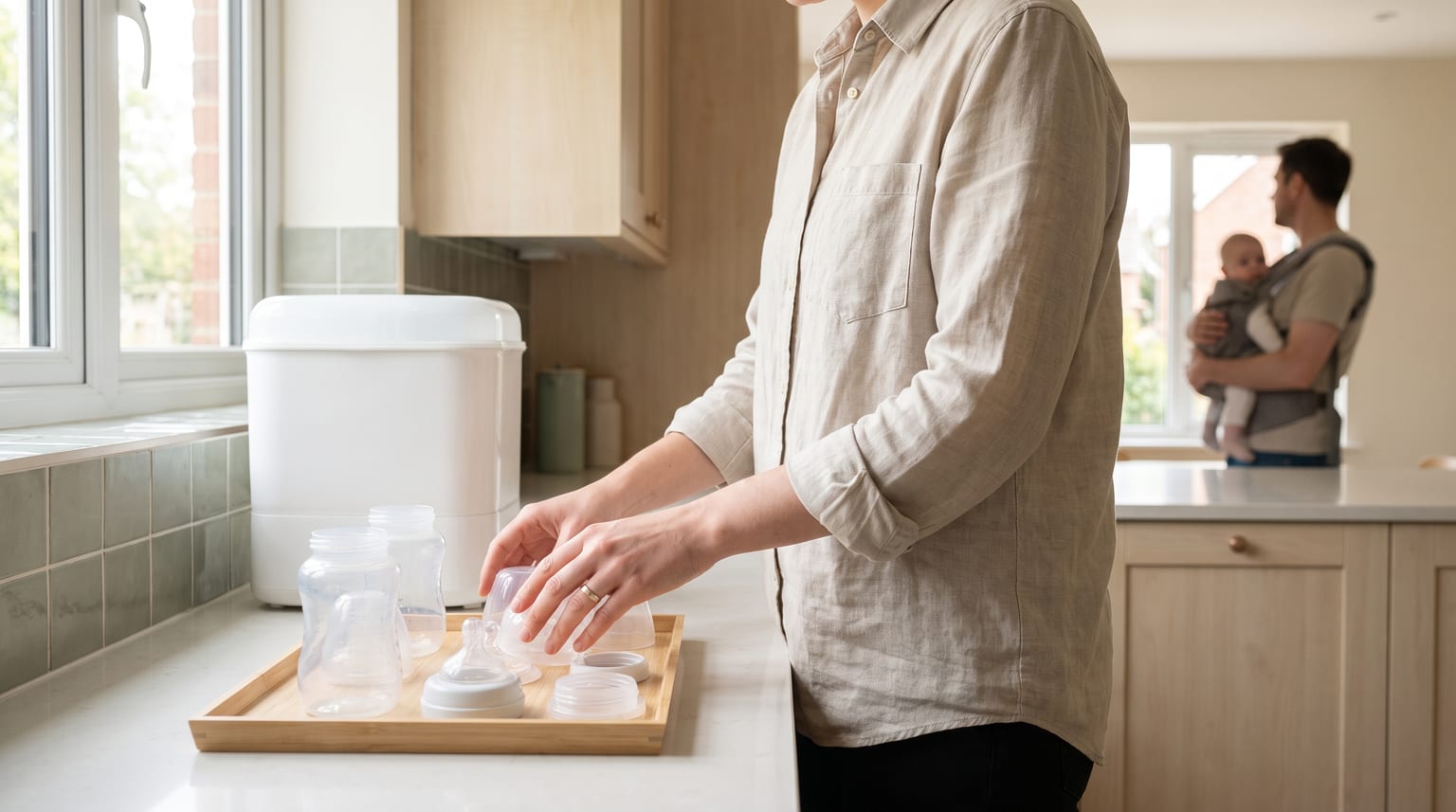 A carer arranges clean, disassembled baby bottles on a tray beside an unbranded steriliser, while another adult holds a baby in the background.