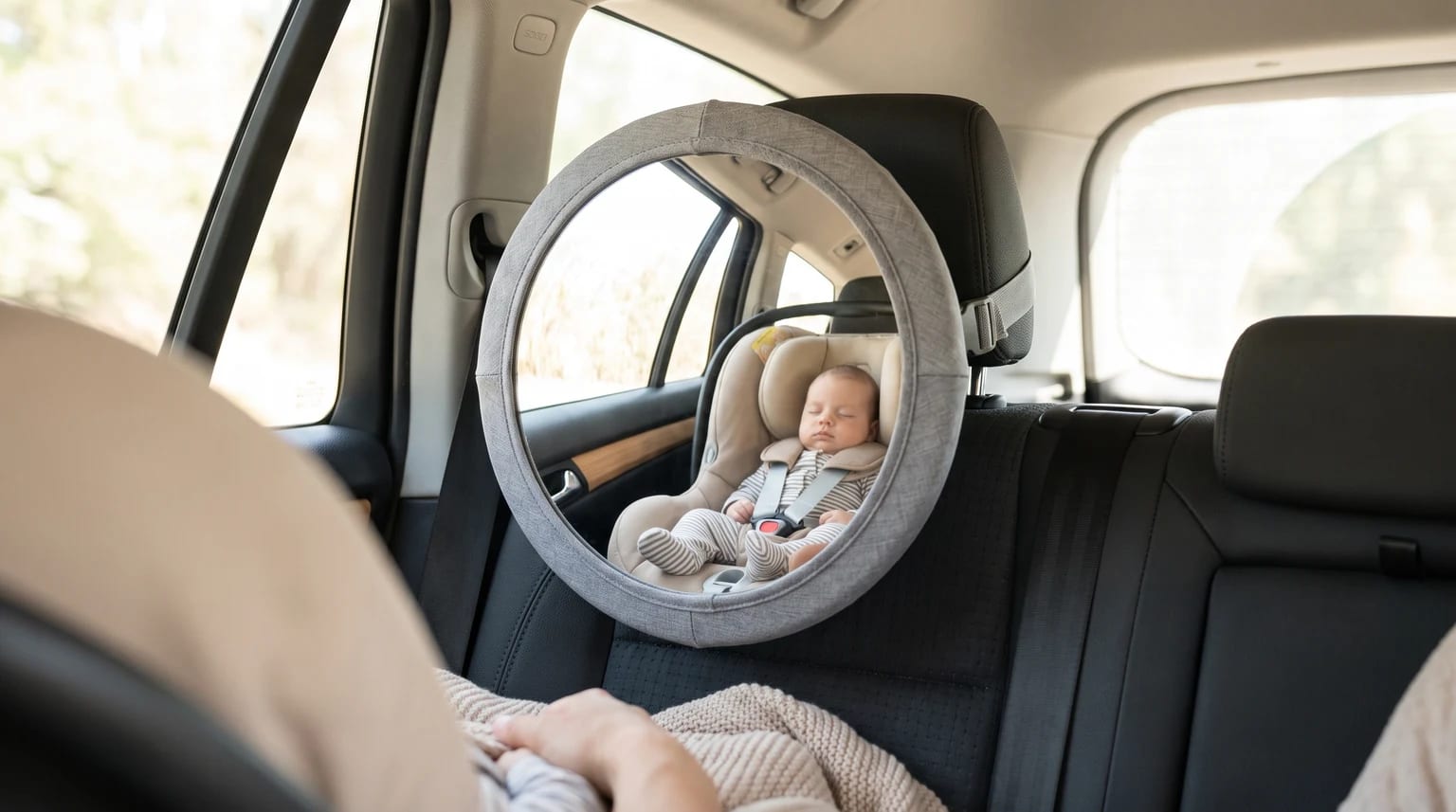 A round mirror attached to a car's back headrest shows the reflection of a baby sleeping in a rear-facing car seat.