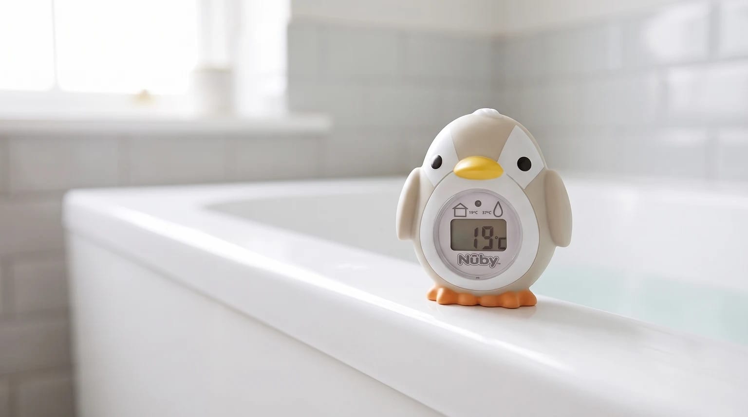 A cute penguin-shaped digital baby thermometer resting on the edge of a white bath in a bright bathroom.