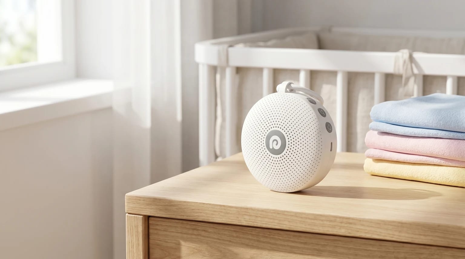 A portable white noise machine on a wooden chest of drawers in a sunlit nursery, next to a baby's cot and folded pastel cloths.