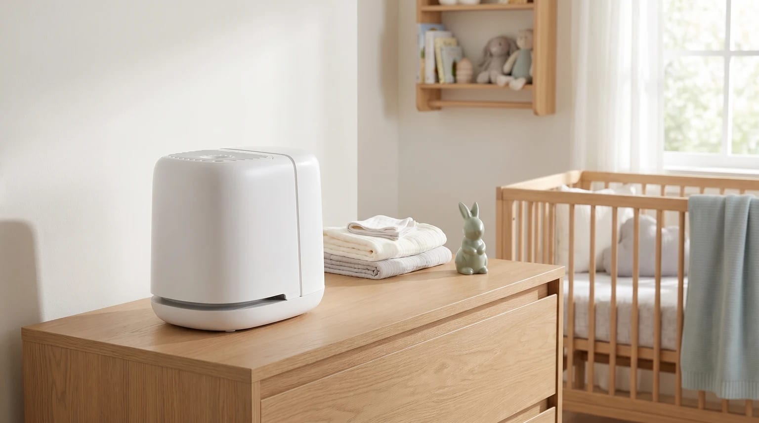 A white nursery humidifier on a light wood chest of drawers in a baby's room, with a cot visible in the background.