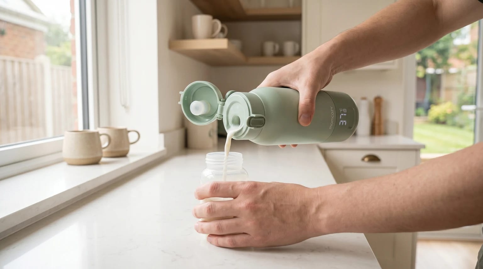 A person pours milk from a sage green portable bottle warmer, with a display showing 37°C, into a baby bottle on a kitchen worktop.
