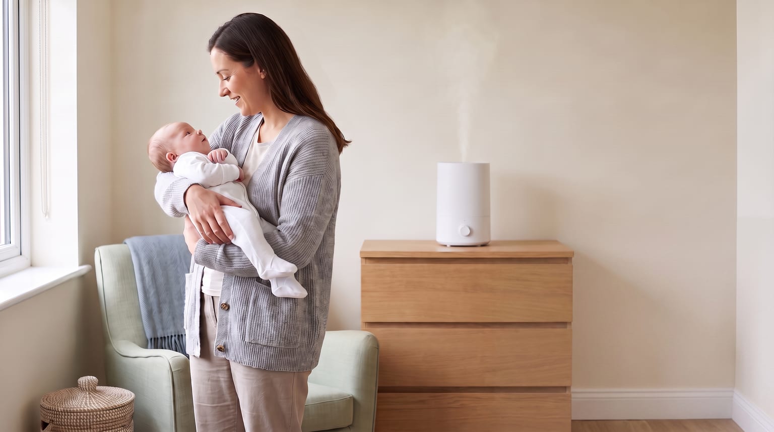 A carer holds a calm baby in a bright nursery, with an unbranded humidifier on a chest of drawers.