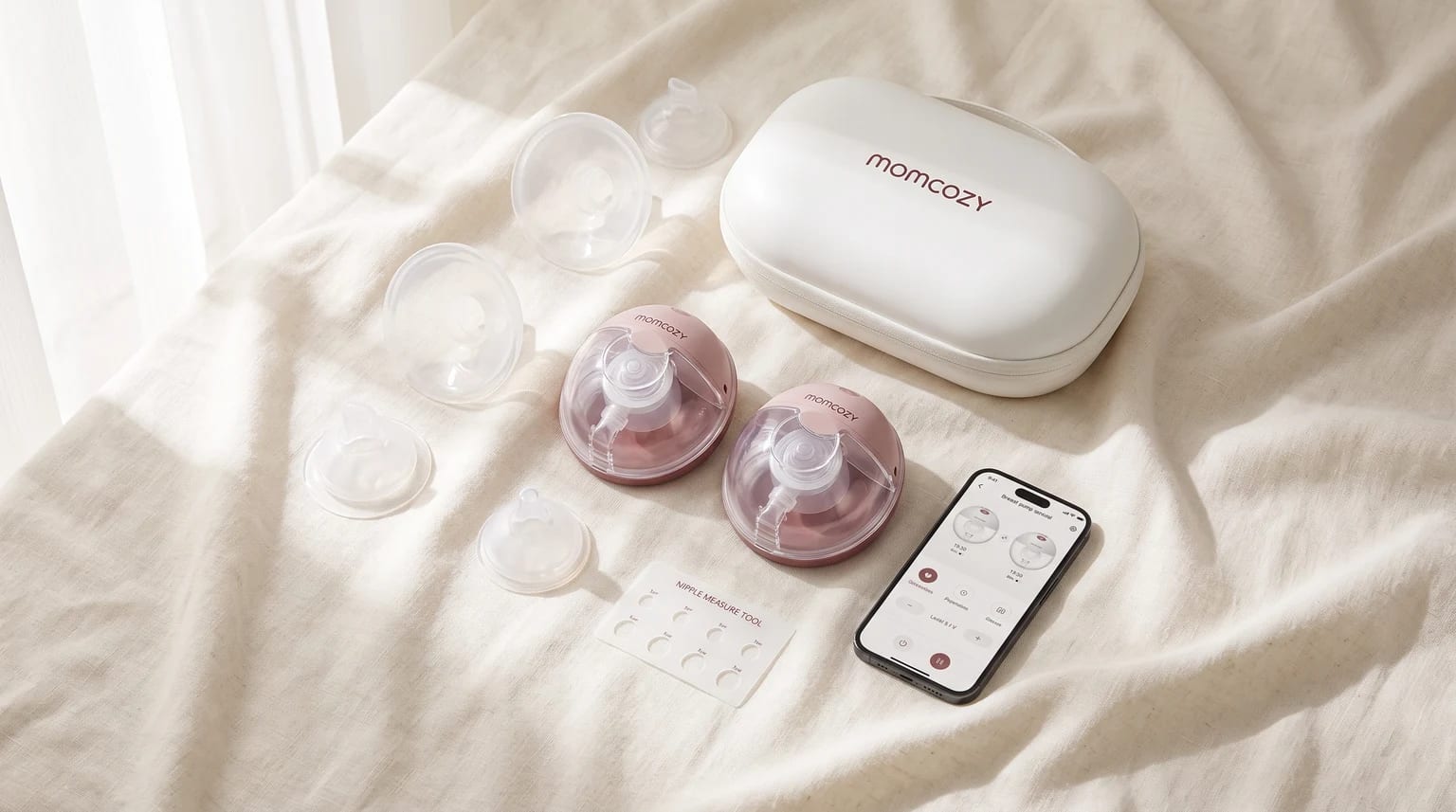 The Momcozy M5 wearable breast pump kit, including two pumps, a carrying case, accessories, and a smartphone displaying the control app, laid out on a cream-coloured cloth.