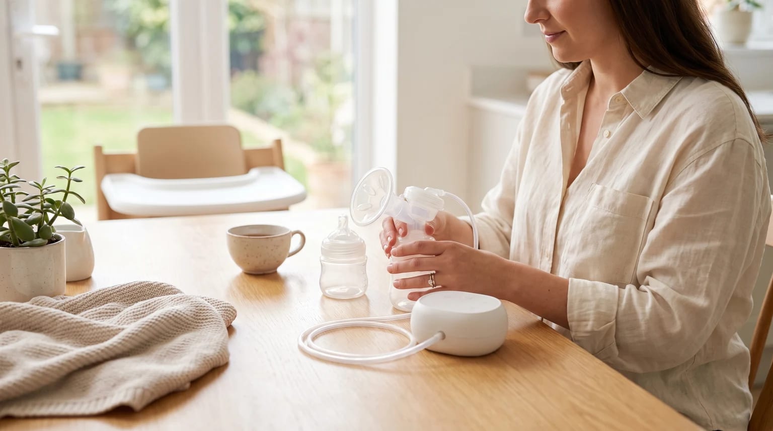 A parent sits at a wooden table assembling an electric breast pump, with a baby bottle, mug and high chair in the bright home background.