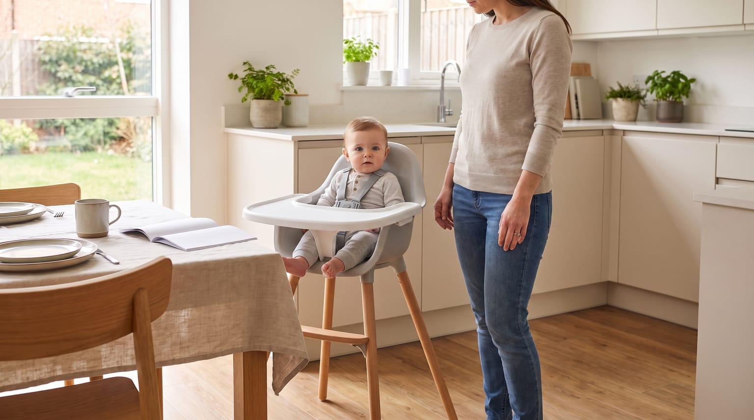 A baby sits upright in a grey high chair with their mother standing beside them in a bright kitchen-diner.