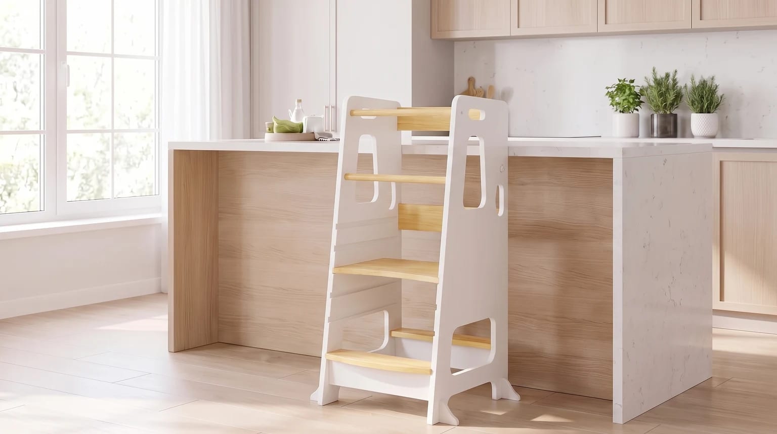 A white and natural wood learning tower for toddlers, placed by a kitchen worktop in a bright, modern kitchen.