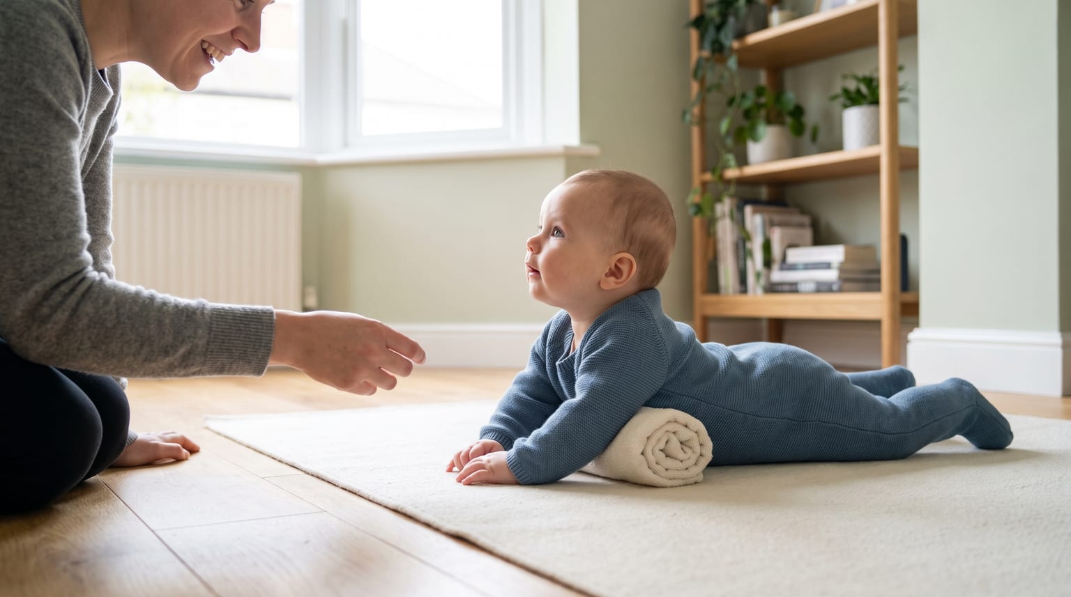An alert baby does tummy time with a small rolled towel under the upper chest while a parent or carer stays close.