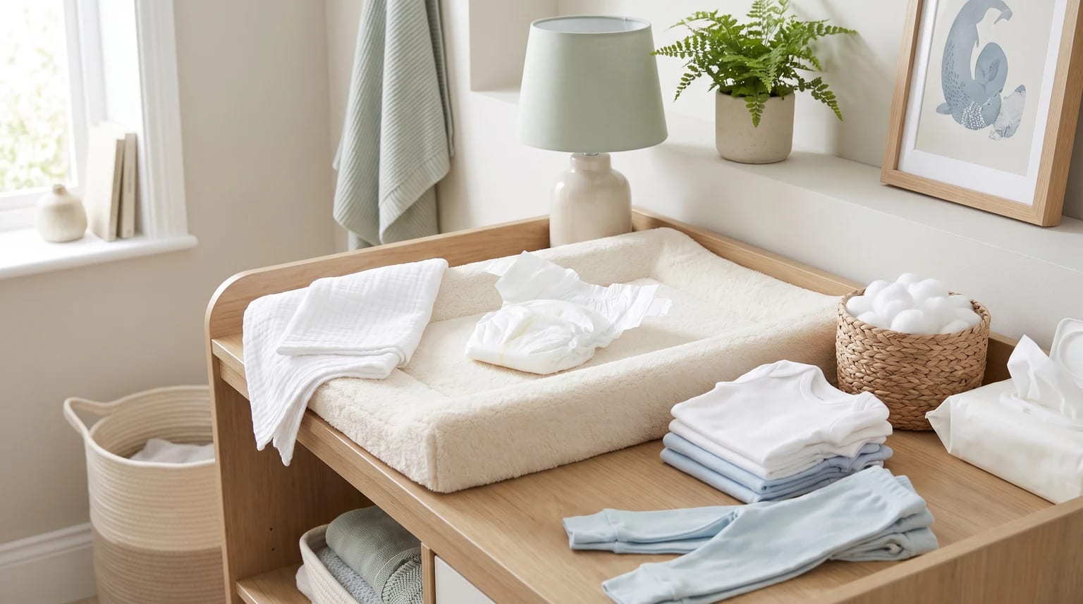 An organised wooden changing table with a soft mat holding a clean, open nappy, next to folded baby clothes, wipes, and cotton wool.