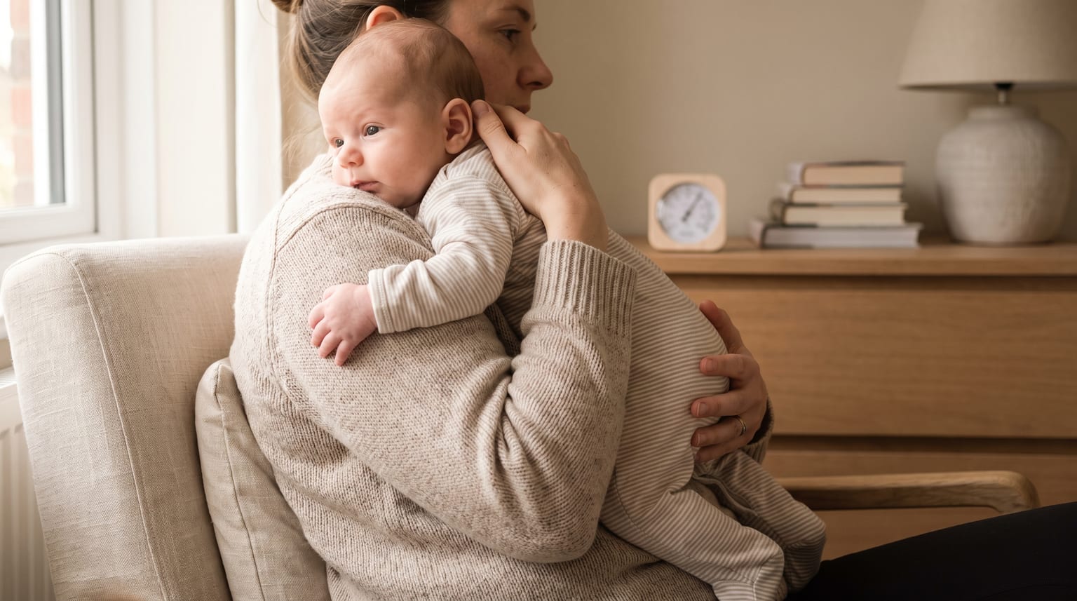 A carer securely holding a baby while checking the back of the baby's neck.