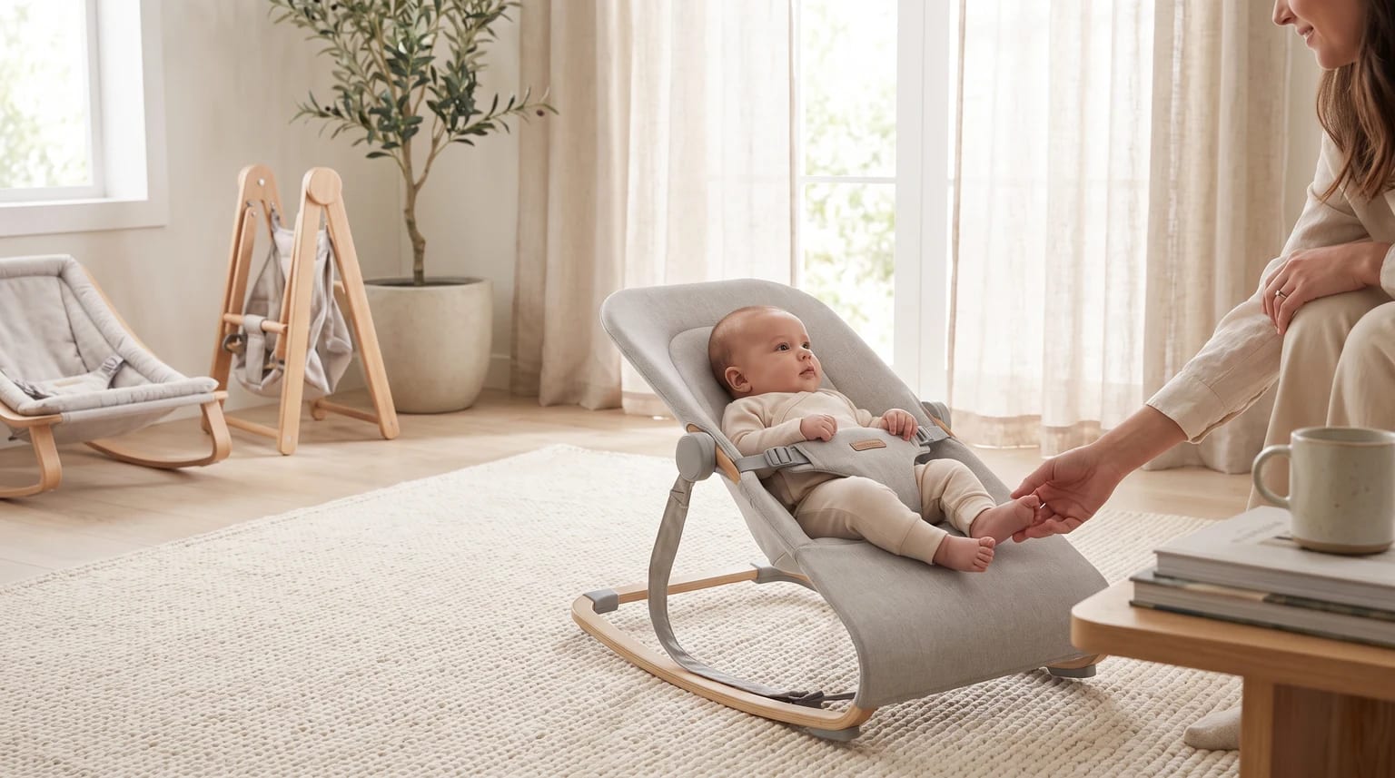 An awake baby sits calmly in a grey bouncer in a sunlit living room, while a parent gently holds their foot.
