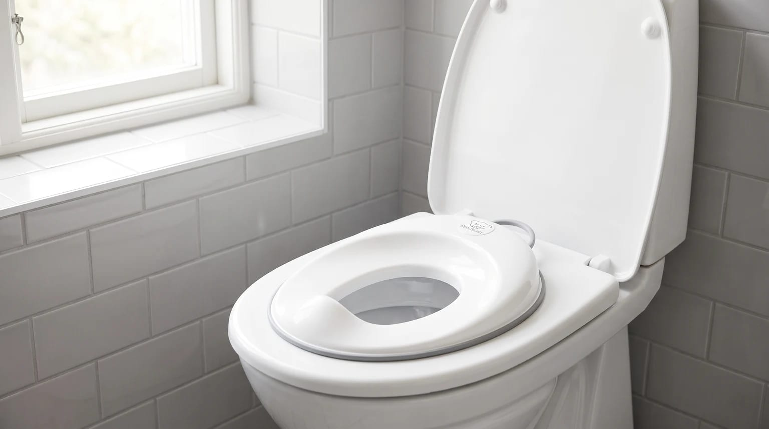 A white BabyBjorn toilet training seat with grey trim fitted on an open toilet in a bright tiled bathroom.
