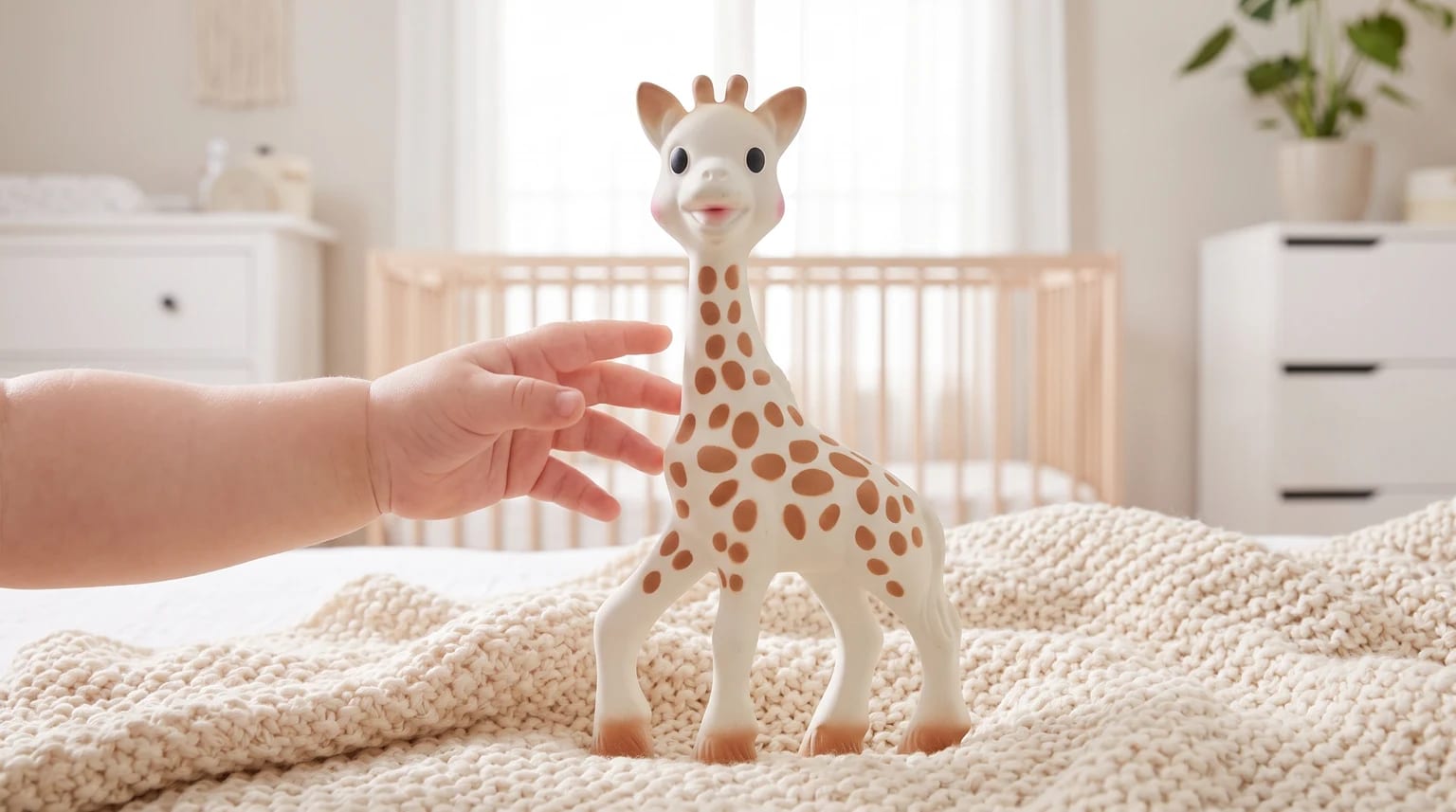 A baby's hand reaches for a Sophie la Girafe teether standing on a cosy, cream knitted blanket in a bright nursery.