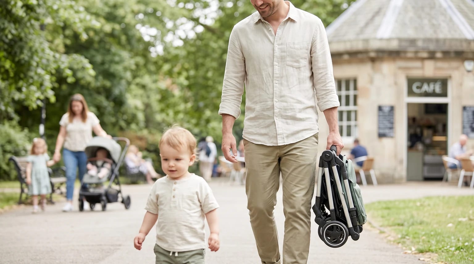 A father walks with his toddler along a park path, carrying a compact, folded green pushchair in one hand.