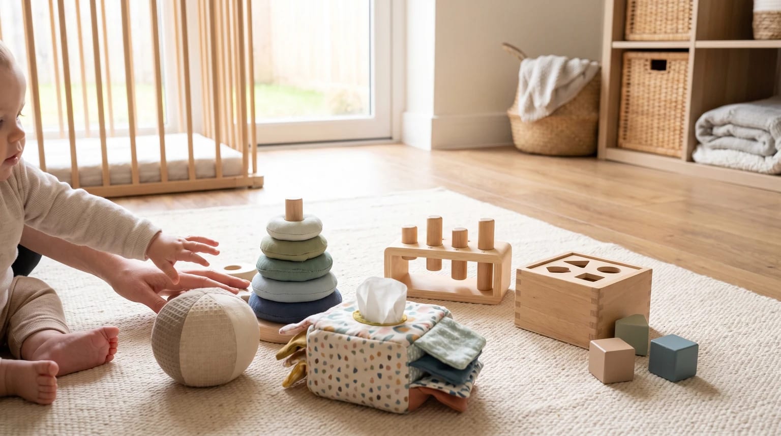 A baby reaches for Montessori-inspired toys on a cream rug, with a soft ball, stacking rings and wooden sorting toys nearby.