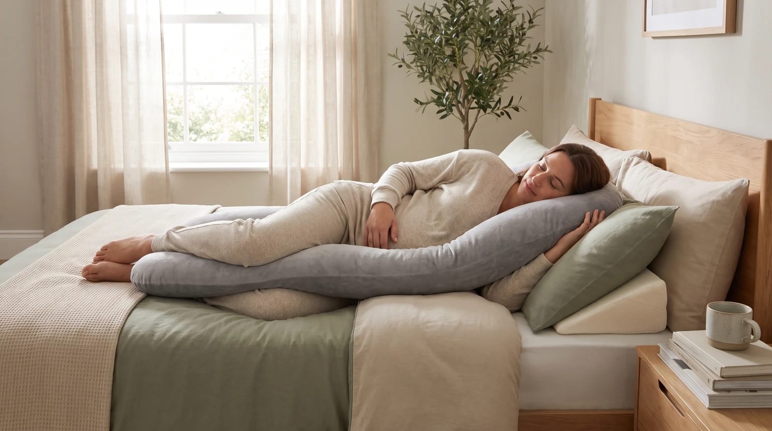 An expectant parent rests on their side in a bright bedroom, supported by a grey pregnancy pillow for bump and back comfort.