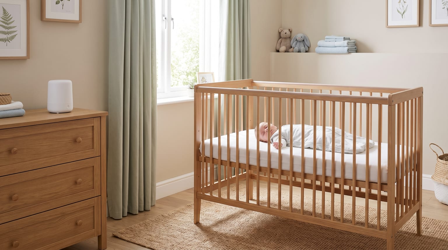A baby lies on their back in a clear wooden cot, with a white-noise machine on a separate chest of drawers.