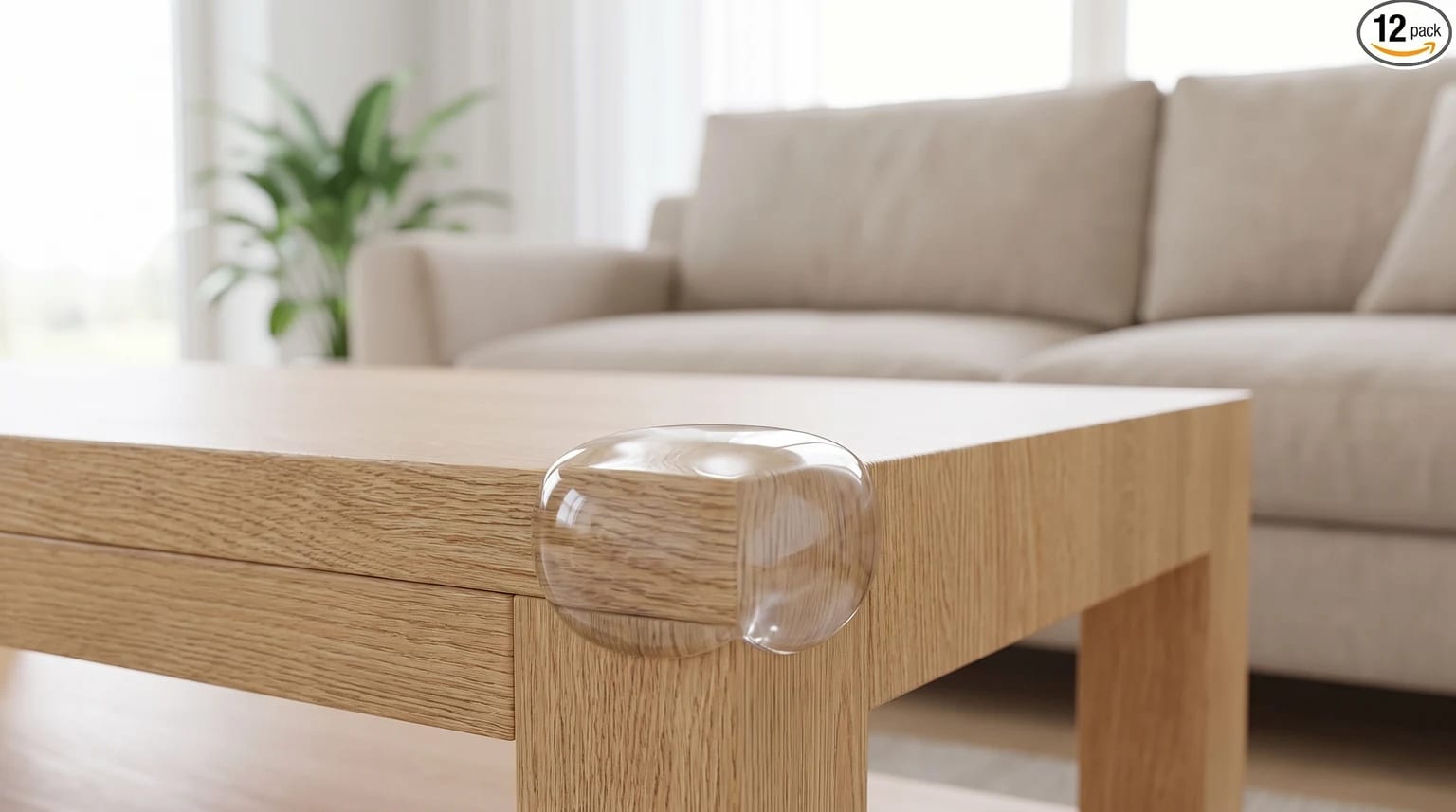 A clear, rounded corner protector fitted onto the sharp corner of a light wood coffee table in a living room.