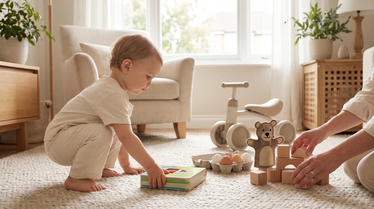A toddler and a grown-up play on a soft rug in a bright room with a book, sorting eggs, a puppet, blocks and a small ride-on toy.