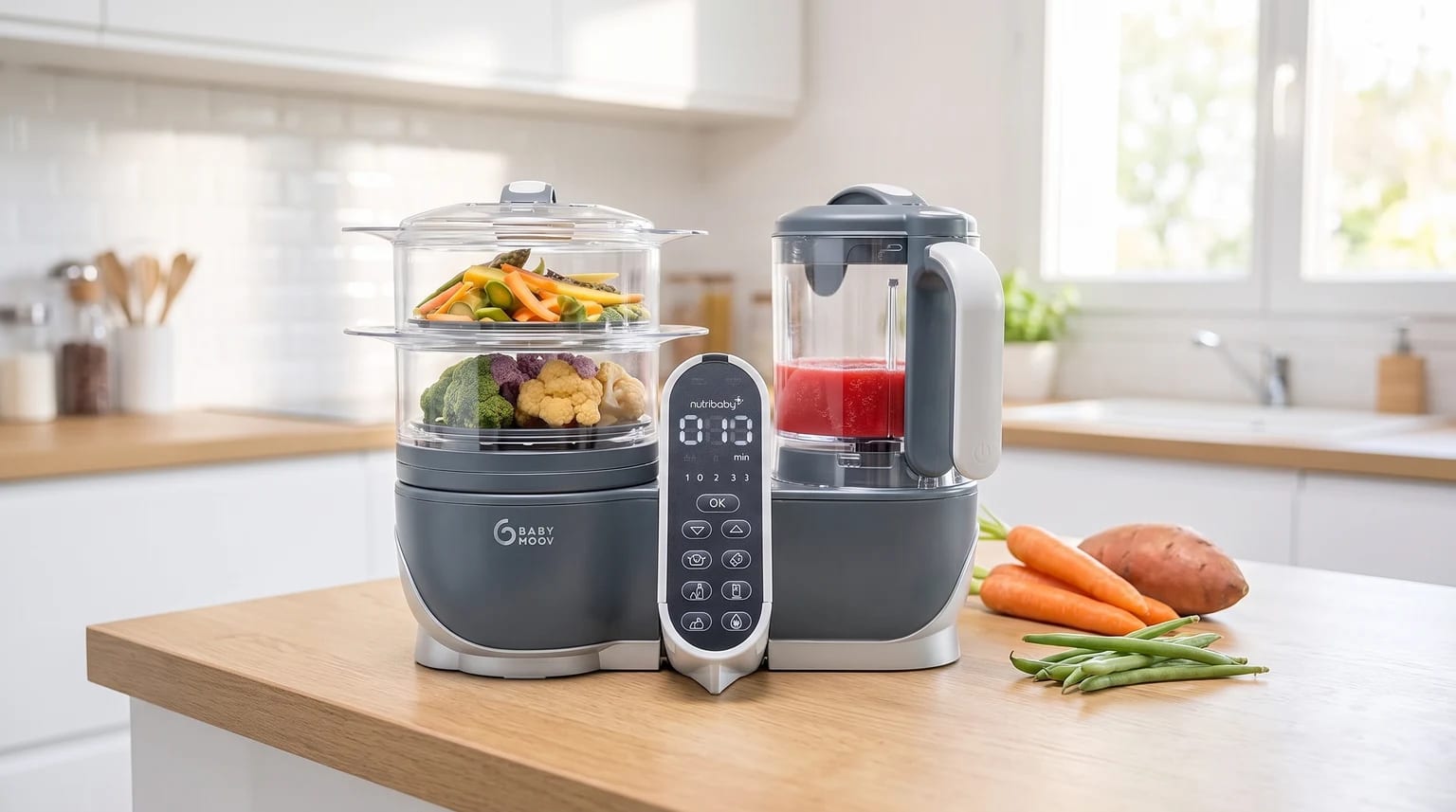 A grey Babymoov baby food maker on a kitchen worktop, steaming colourful vegetables in one part and blending a red purée in the other.