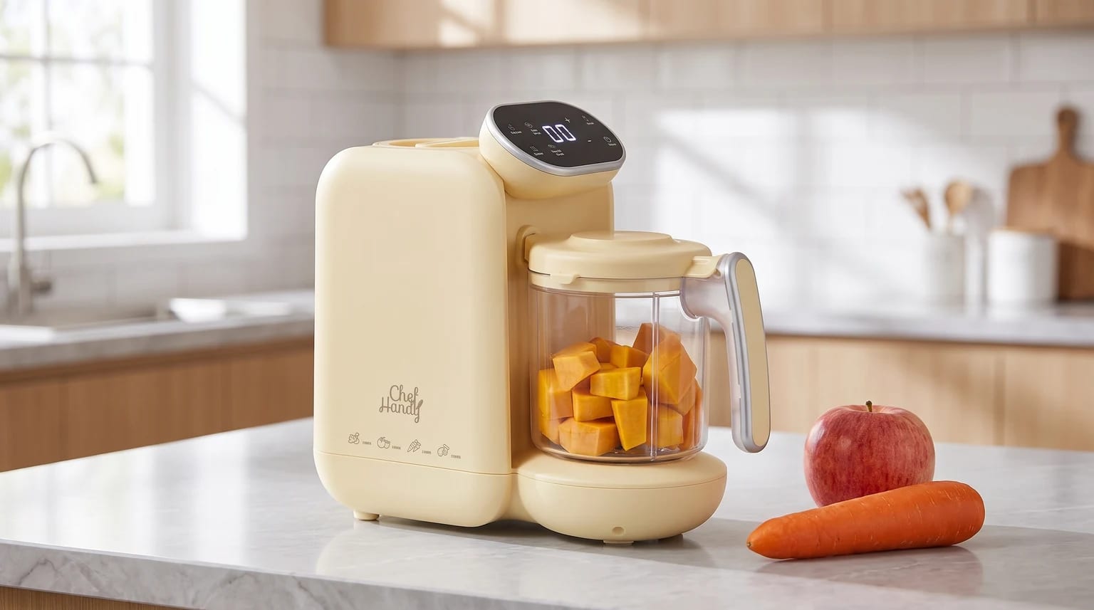 A cream-coloured Chefhandy baby food maker on a bright kitchen worktop, its jug filled with chopped squash, with an apple and carrot beside it.