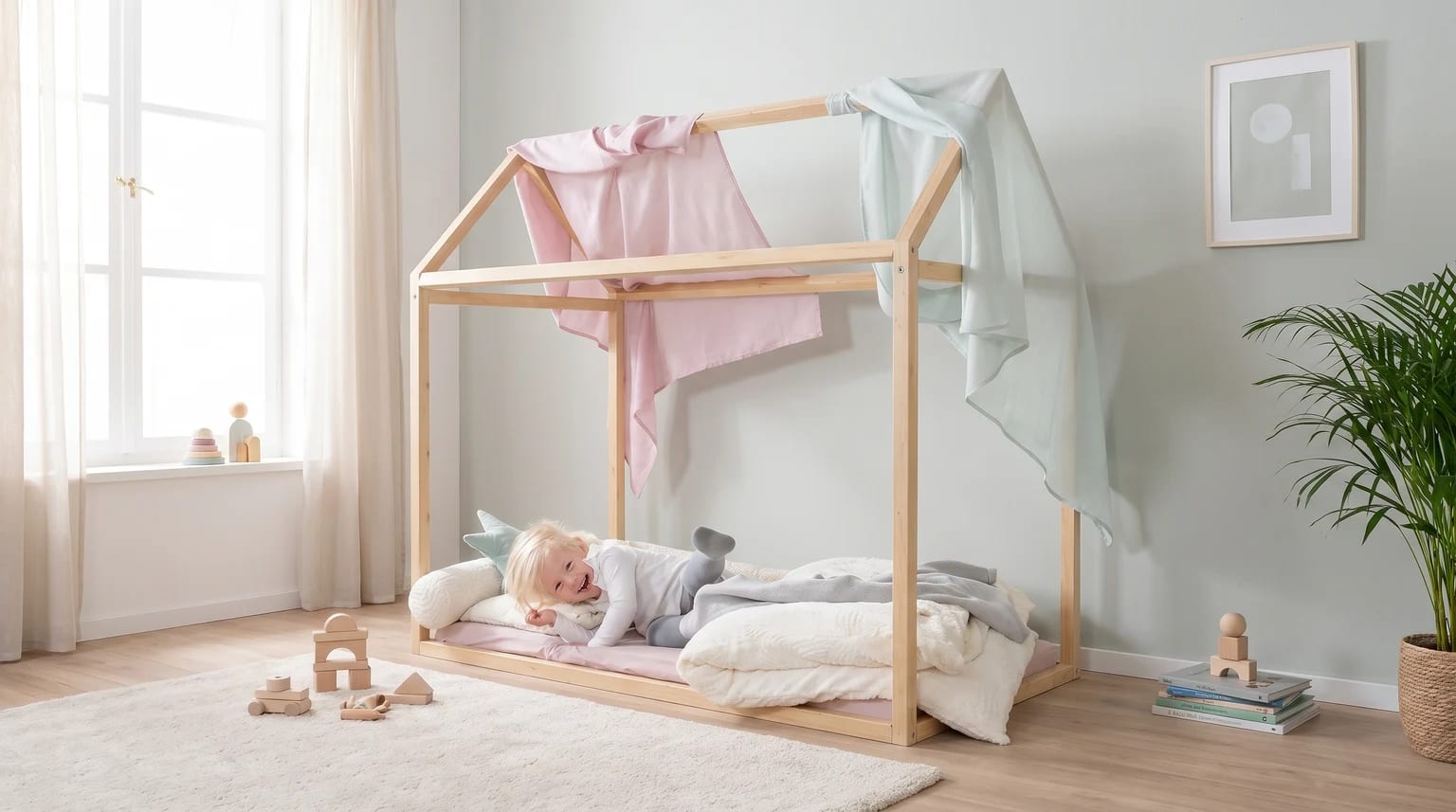 A happy toddler lies on a house-shaped wooden floor bed, with pink and blue cloths draped over the frame to create a den in a bright bedroom.