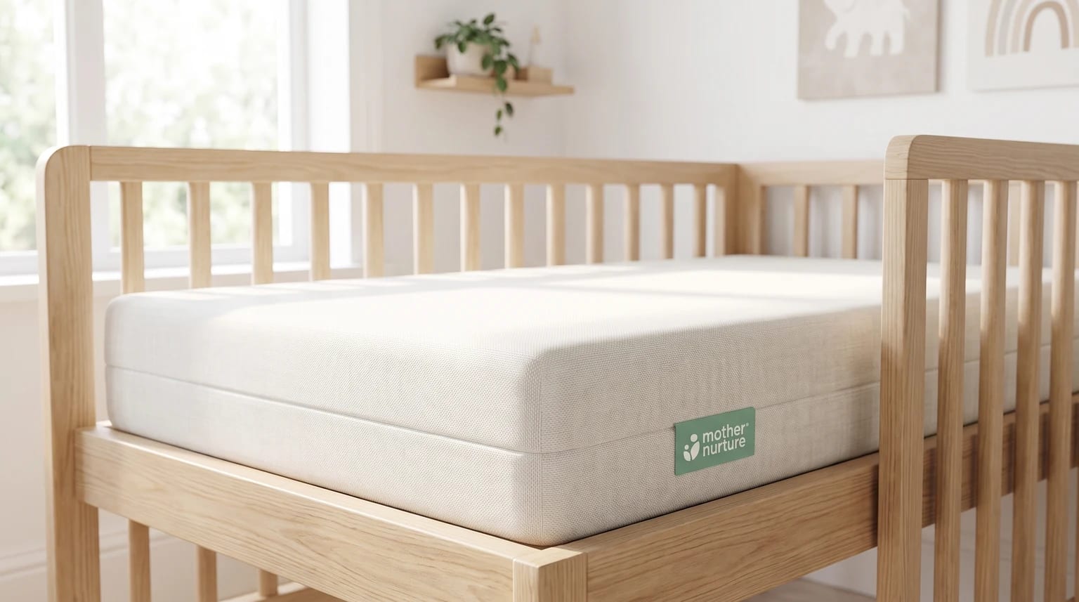 A white Mother Nurture cot mattress with a visible brand tag, sitting snugly in a light-coloured wooden cot bed.