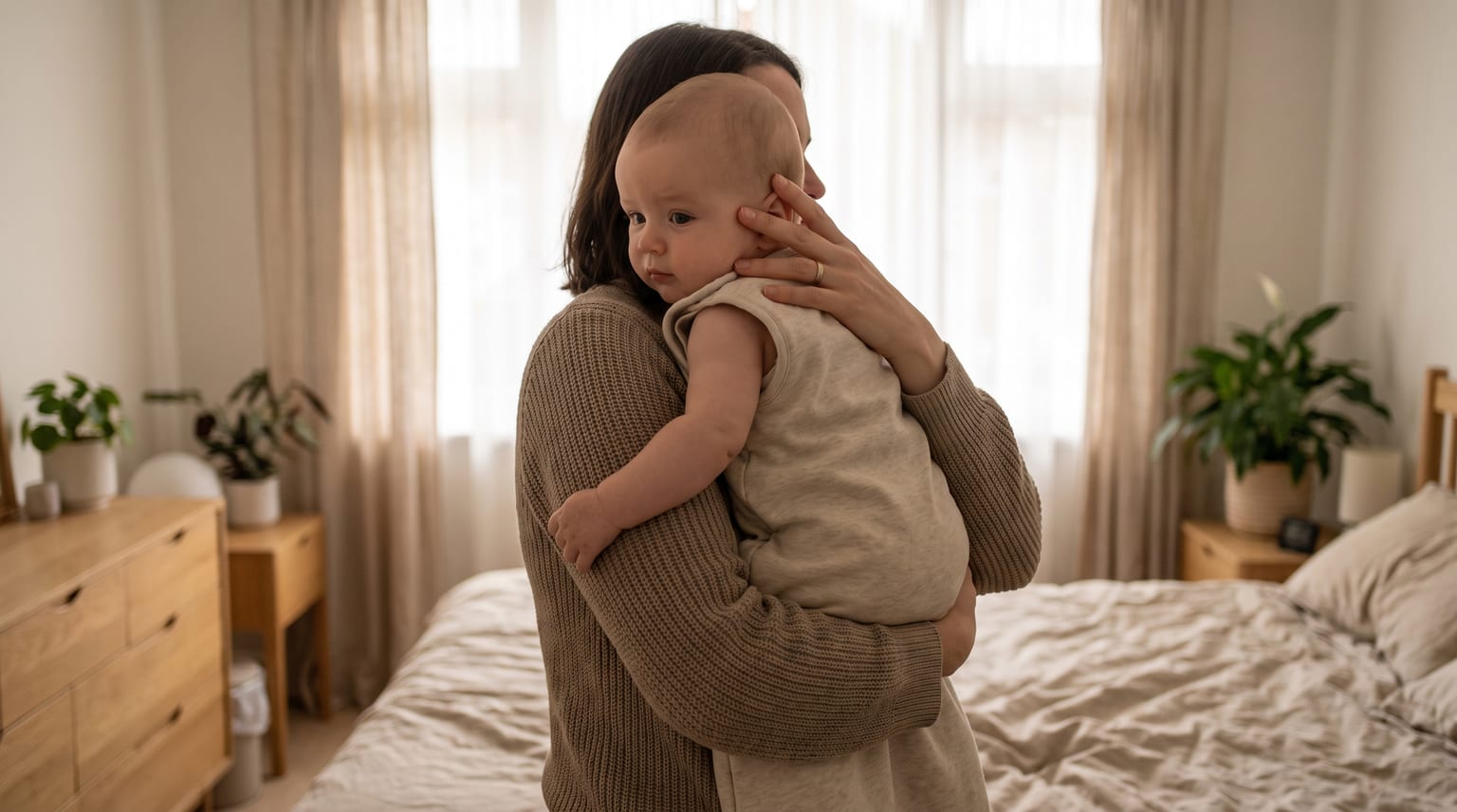 A parent in a brown knitted jumper holds a baby in a sleeveless sleeping bag, their hand resting gently on the back of the baby's neck.
