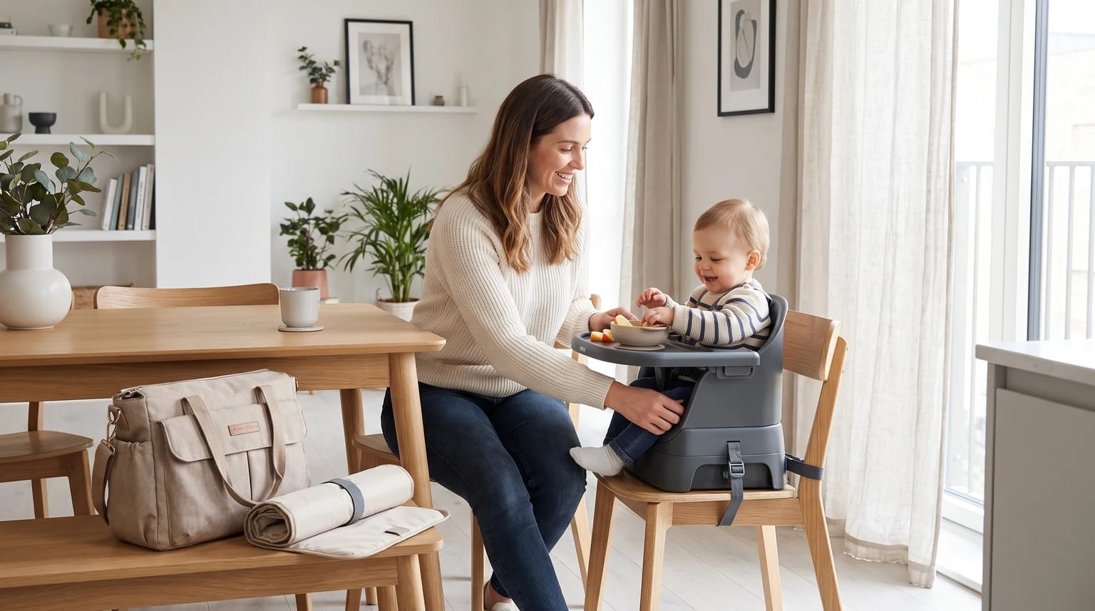 A smiling woman helps a happy baby who is sitting in a grey booster seat at a wooden dining table. A nappy bag rests on a bench nearby.