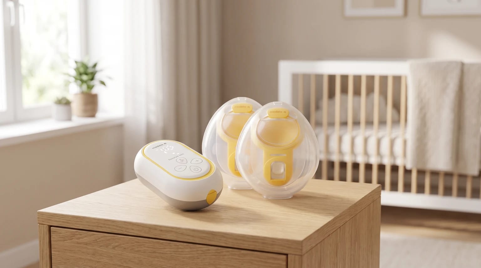 A compact electric breast pump and two wearable collection cups on a wooden table, with a baby's cot in the background.