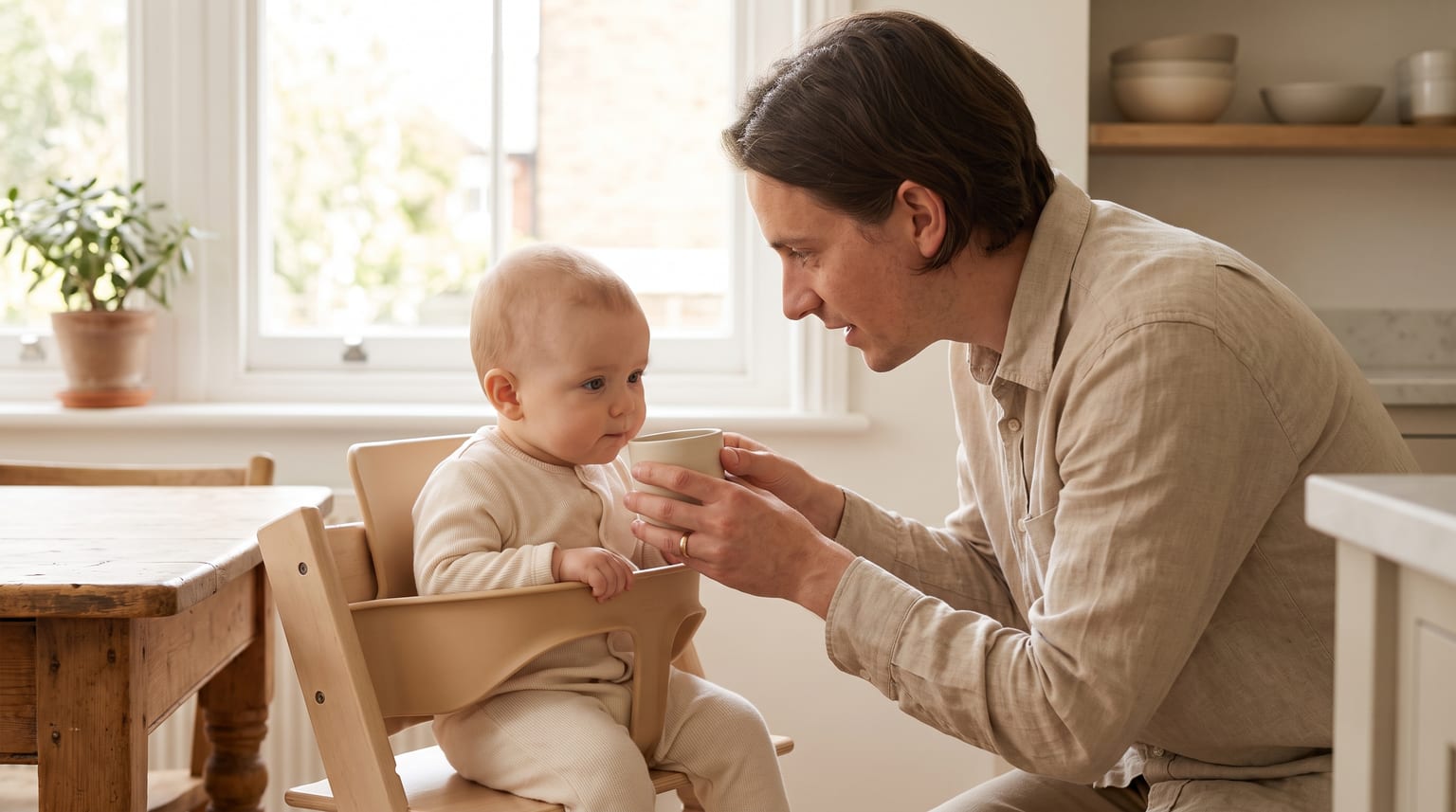 A carer supports a baby sitting upright as they bring a small open cup towards the baby's mouth.