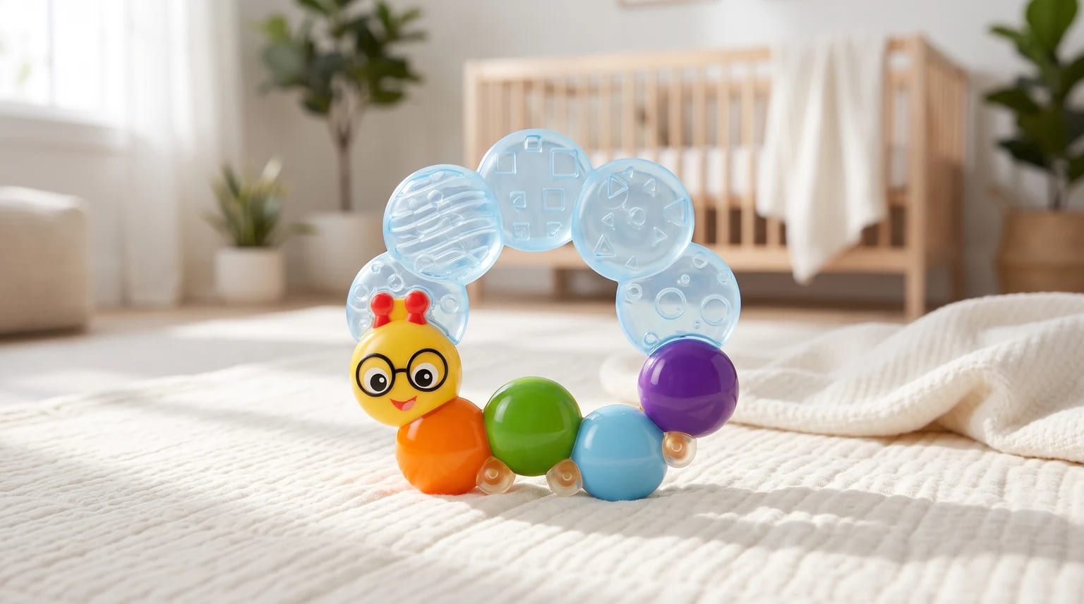 A colourful caterpillar teething toy with a rattle body and a blue textured teether ring, sitting on a white blanket in a nursery.