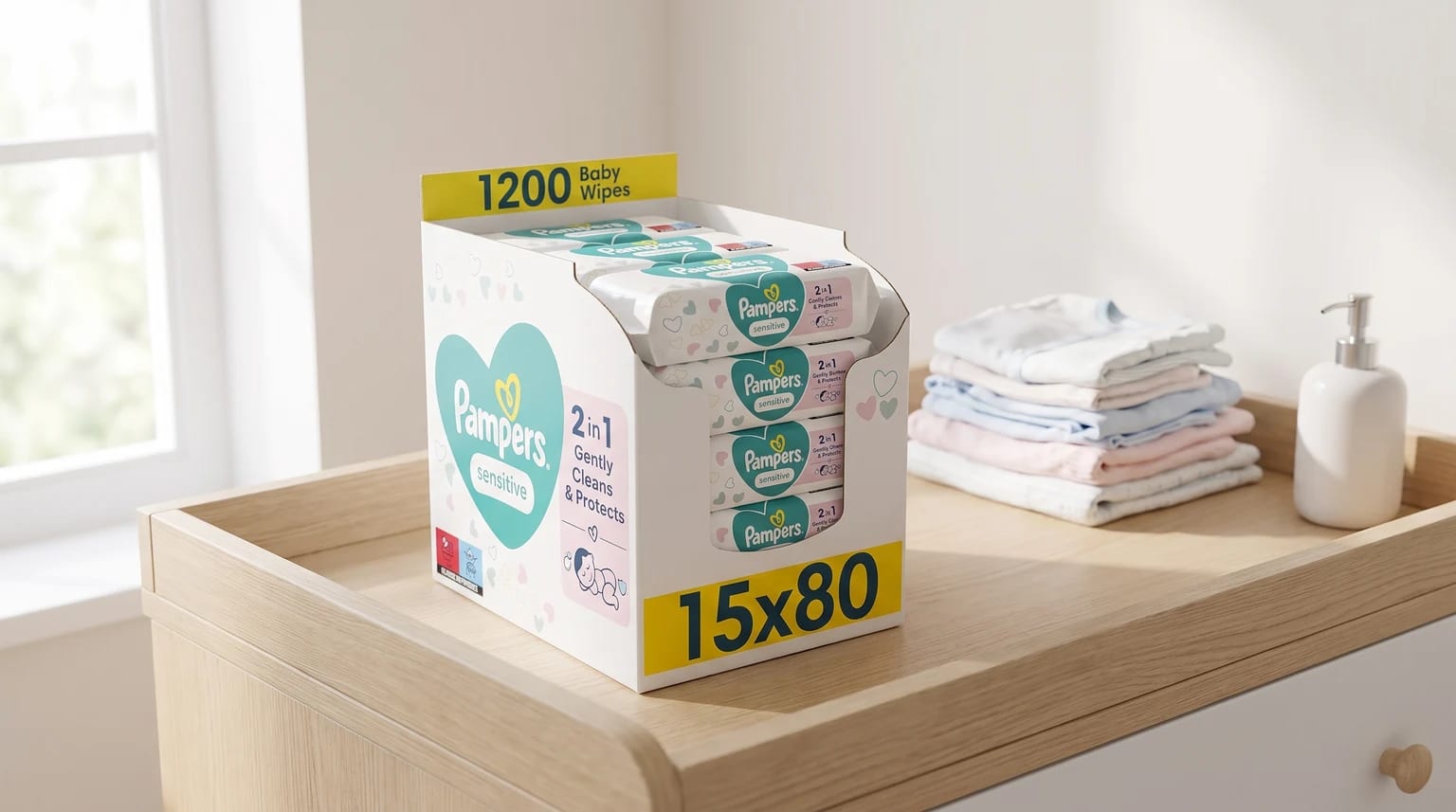 A large box of Pampers Sensitive baby wipes sitting on a wooden changing table next to a stack of folded baby clothes.