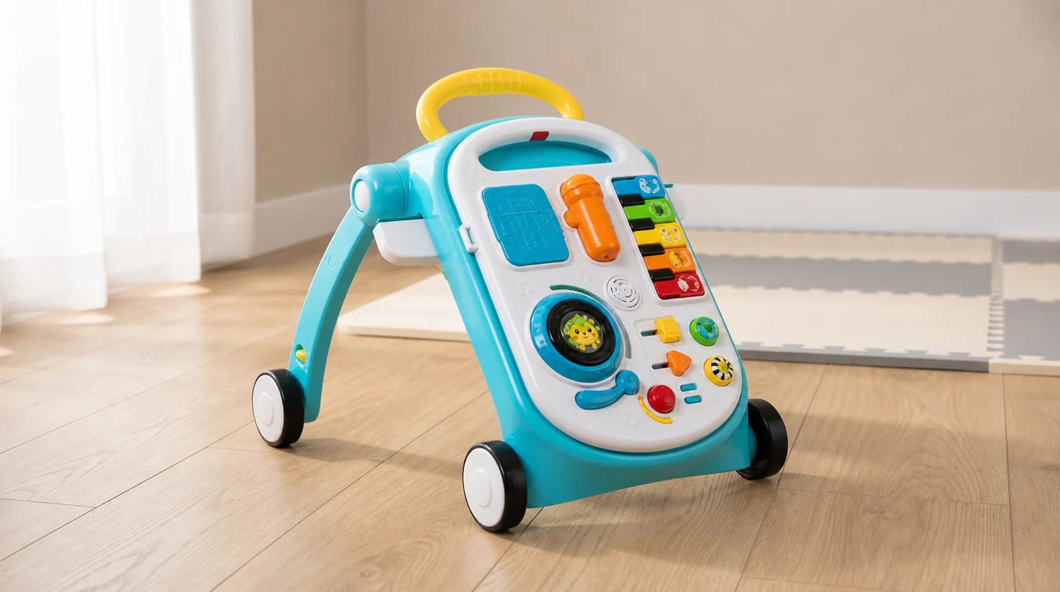 A colourful turquoise Baby Einstein activity walker with a musical activity panel standing on a wooden floor in a bright nursery.